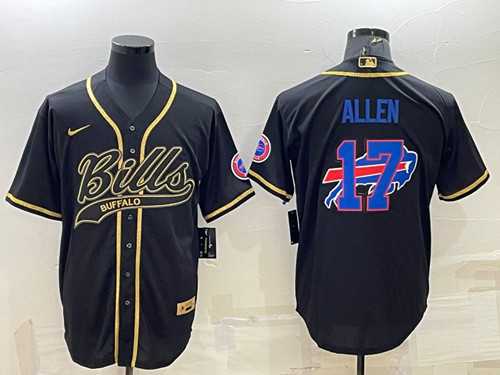 Mens Buffalo Bills #17 Josh Allen Black Gold Team Big Logo With Patch Cool Base Stitched Baseball Jersey->buffalo bills->NFL Jersey